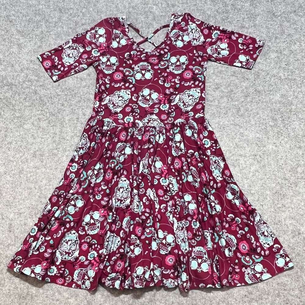 DotDotSmile Girls Sugar Skull Floral Skater Dress Burgundy Teal Size 12/14
